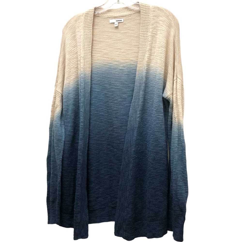 Sonoma Drop Shoulder Open-Front Cardigan Sweater W Size L Cream/Blue Color-Block